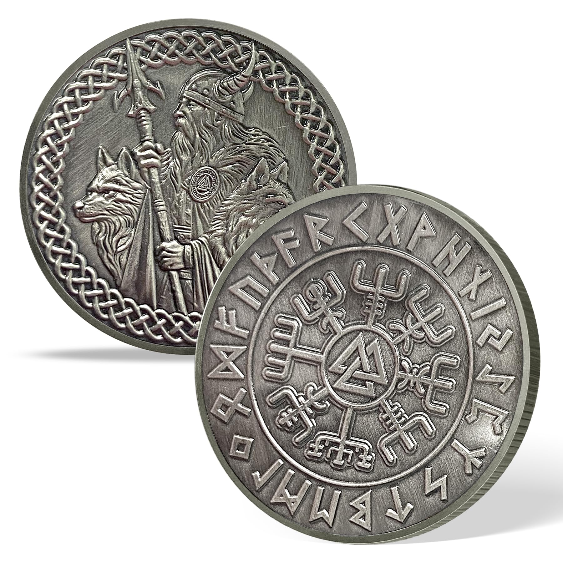 Viking Warrior Challenge Coin Norse Mythology Design with Odin, Runes, Vegvisir, and Valknut Symbols mysite