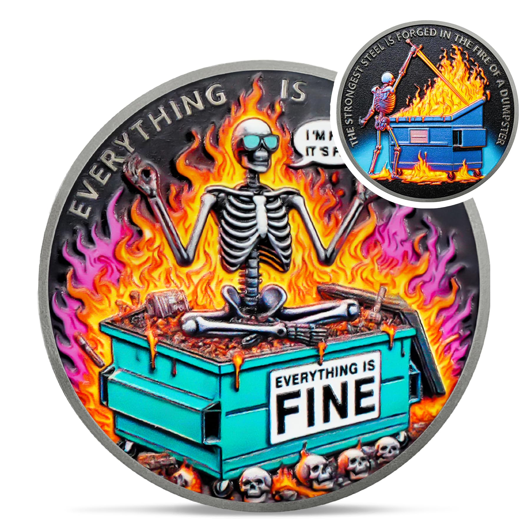 Colorful Skull Dumpster Fire Challenge Coin mysite