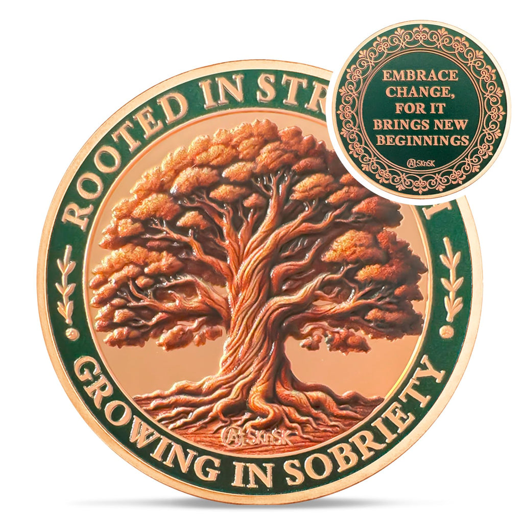 Brown Growing in Sobriety Tree of Life Embrace Change Coin mysite