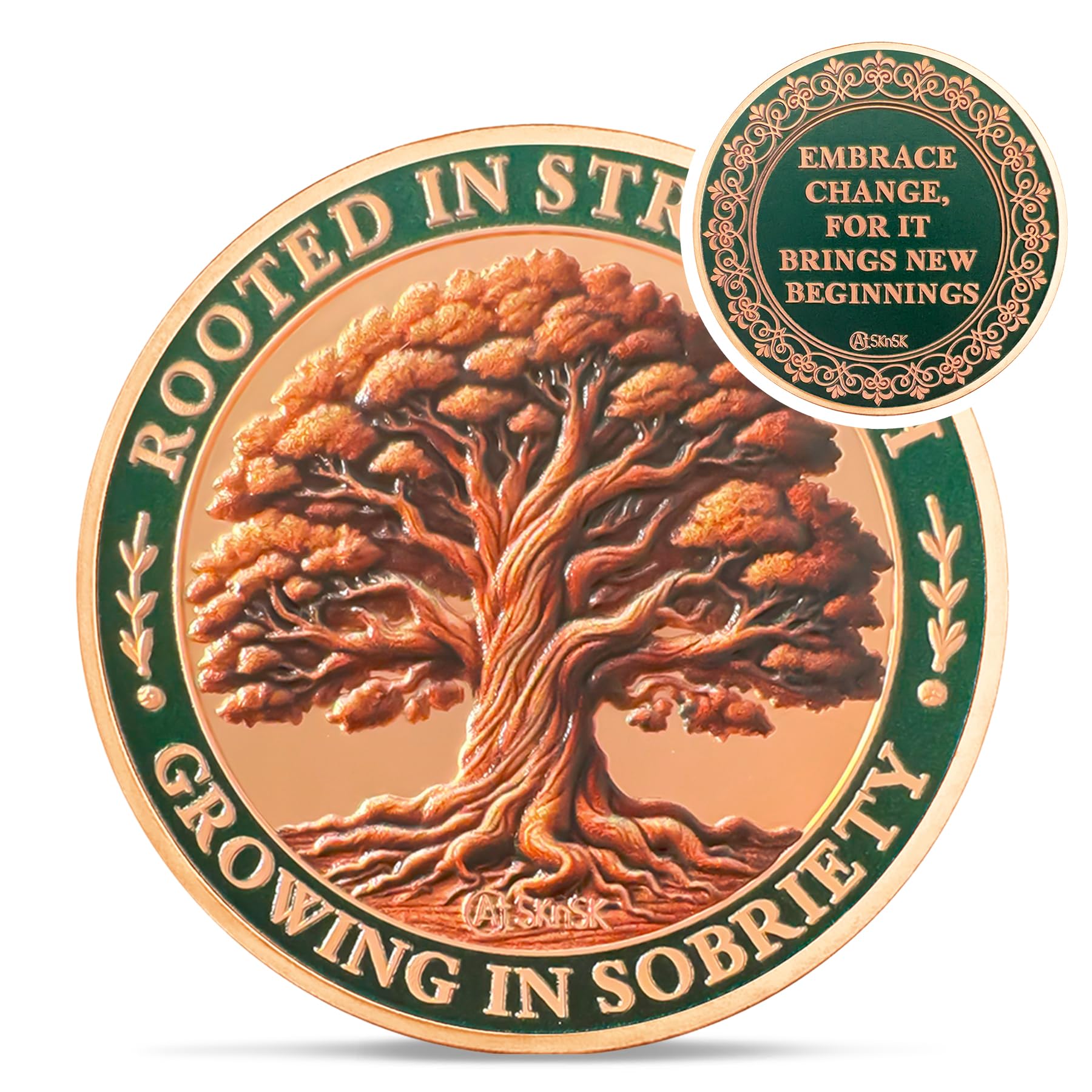Brown Growing in Sobriety Tree of Life Embrace Change Coin mysite