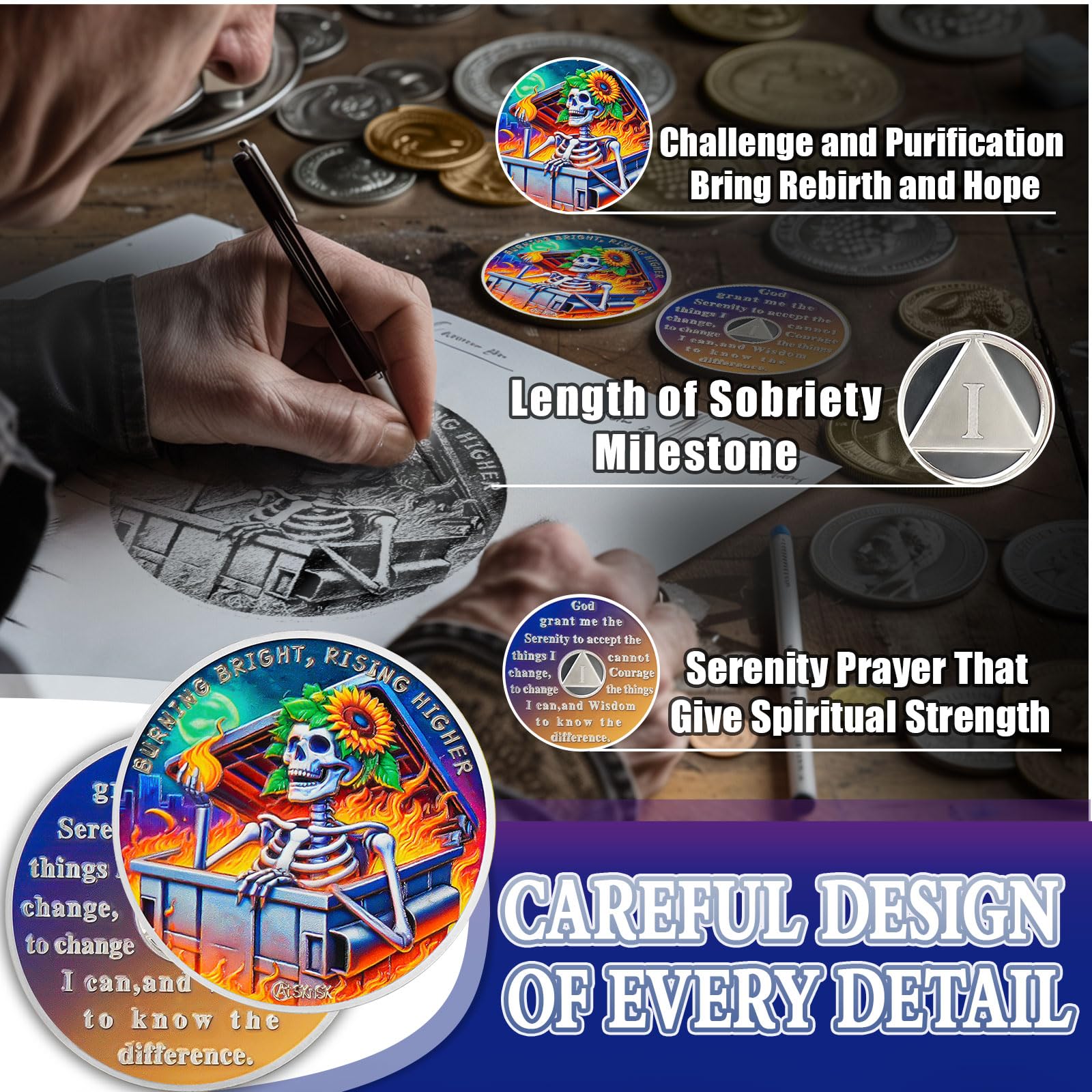 Personalized Reborn in Fire Sunflower Skeleton Sobriety Coin mysite