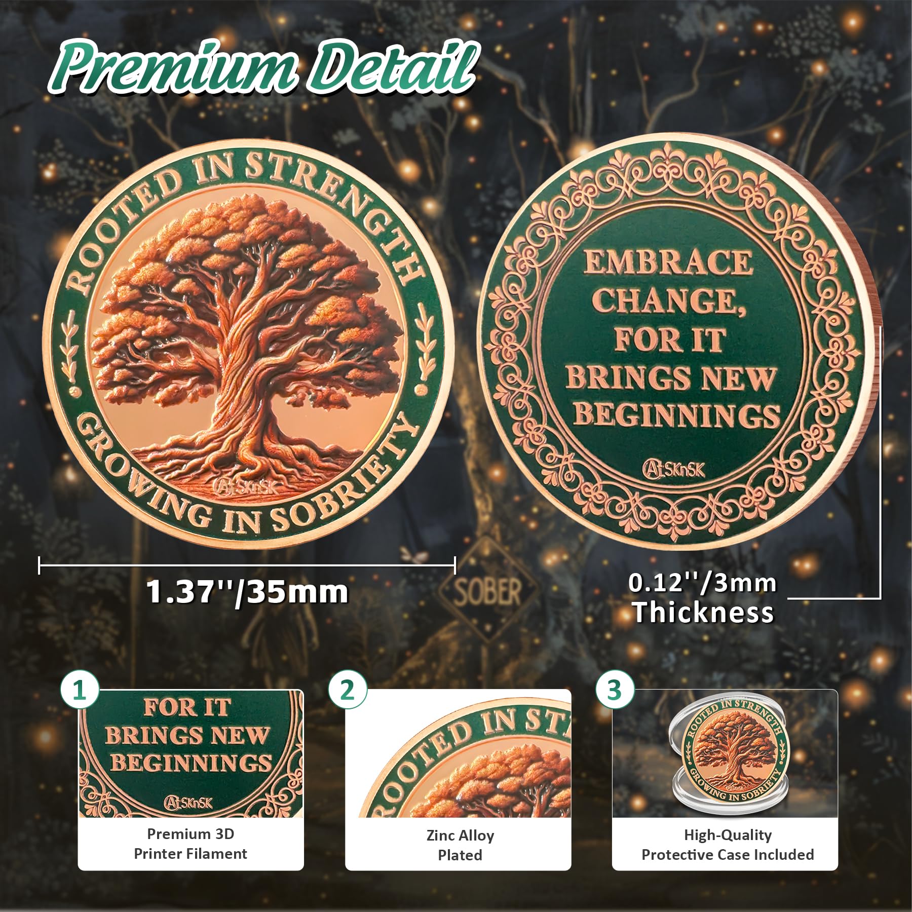Brown Growing in Sobriety Tree of Life Embrace Change Coin mysite