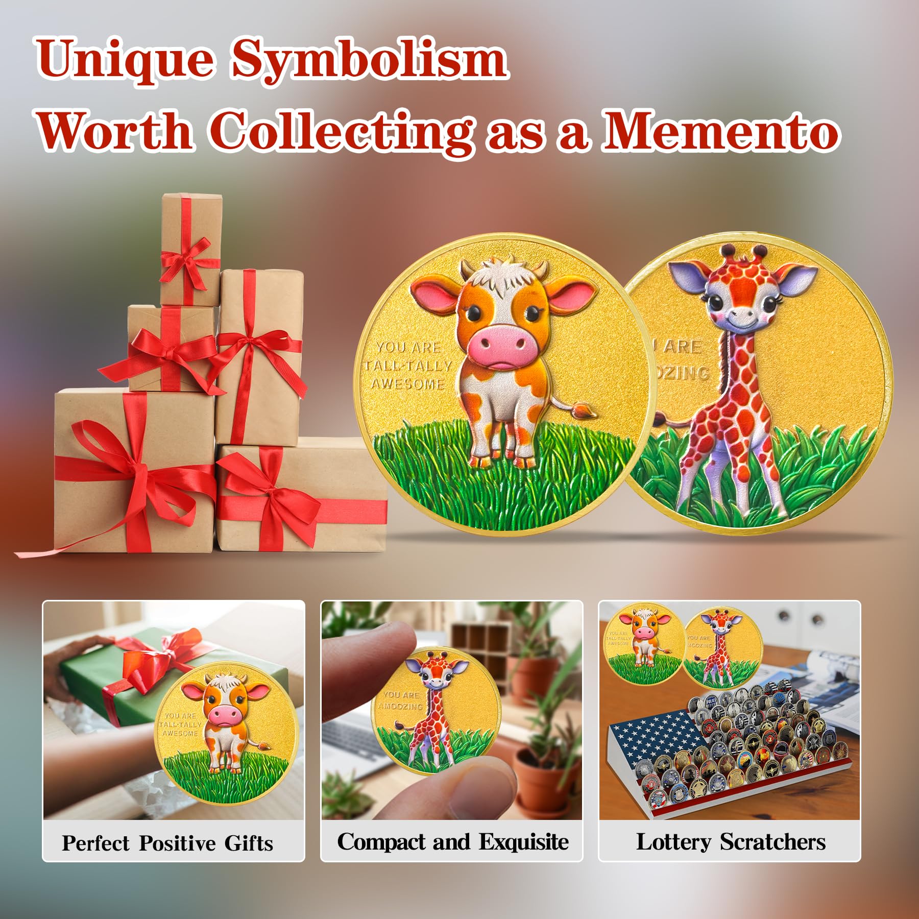 Cute Giraffe and Cow Design Motivational Coins mysite