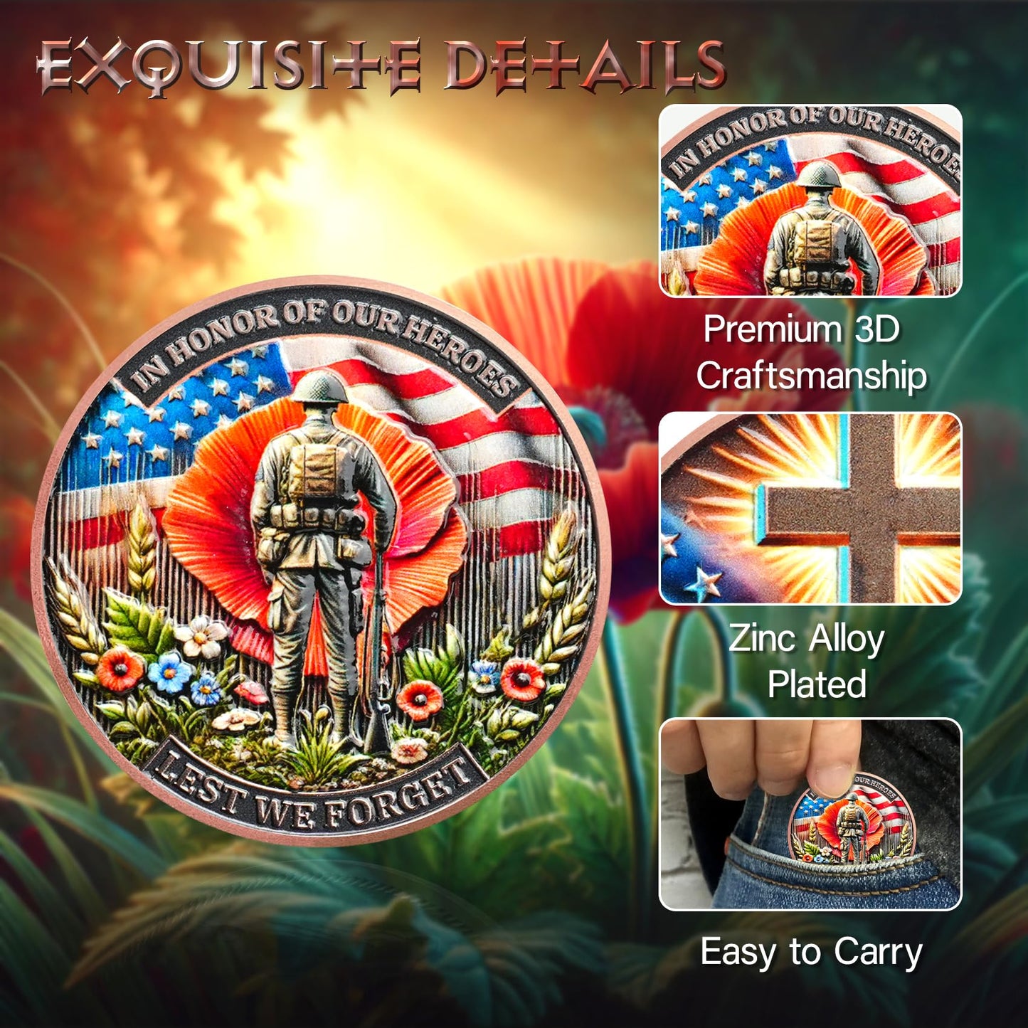 Memorial Coin Honoring Fallen Heroes with Poppy and Cross Veterans Challenge Coins mysite