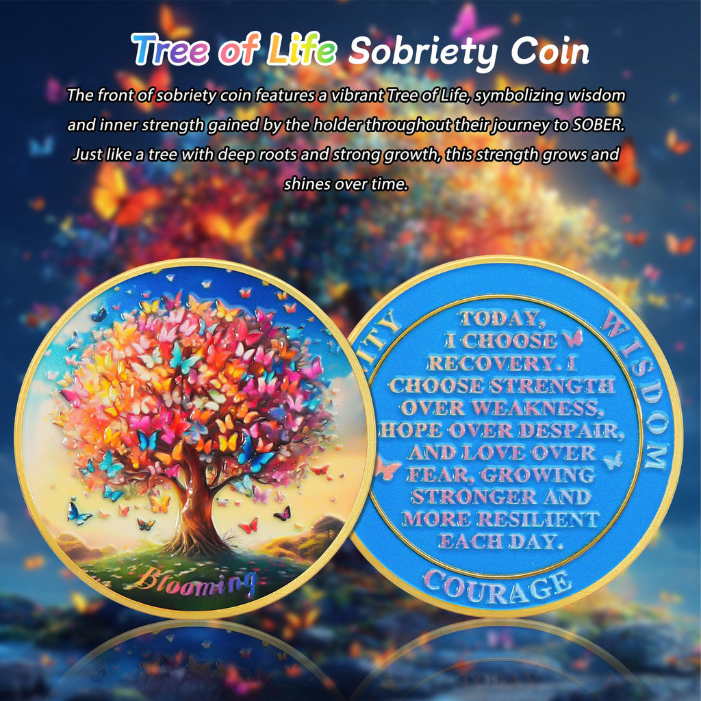 Blooming Tree of Life Colorful Recovery Butterfly Sobriety Coin mysite