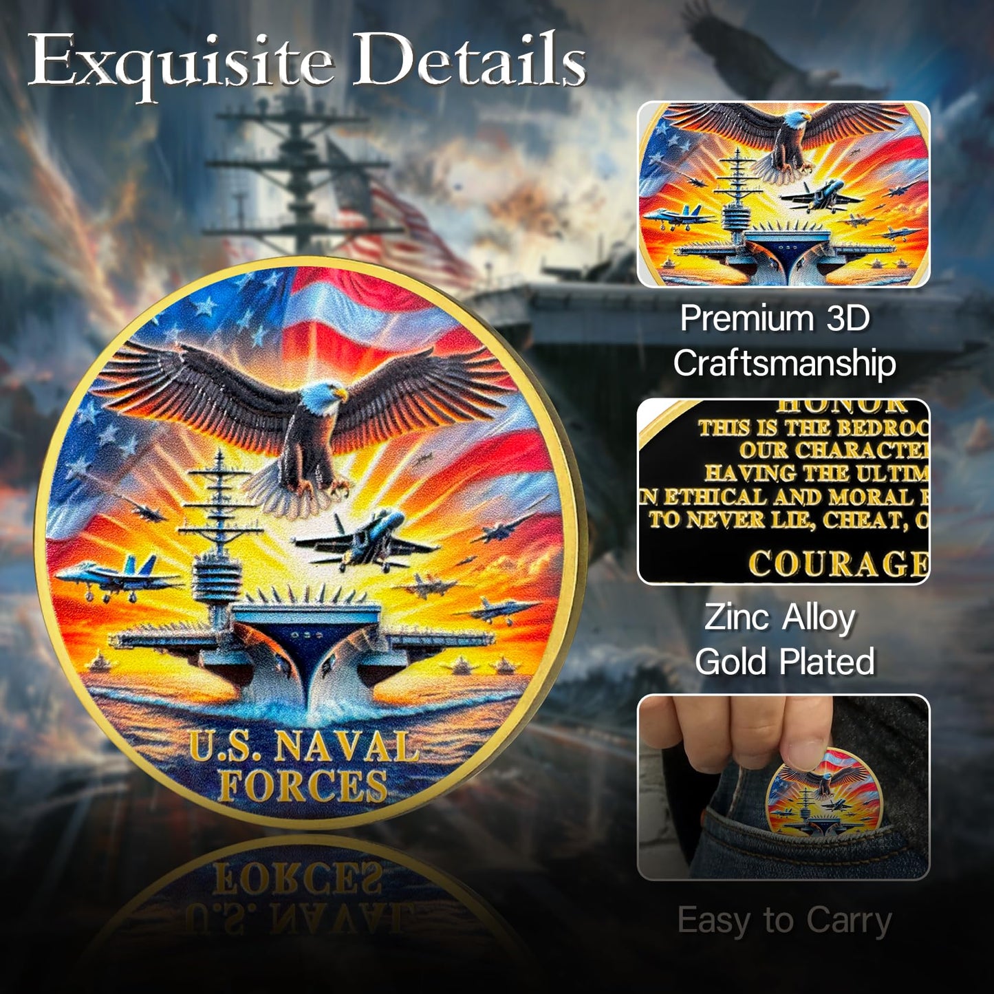 U.S. Naval Forces Veterans Navy Coin with Aircraft Carrier Eagle Military Core Values Tribute mysite