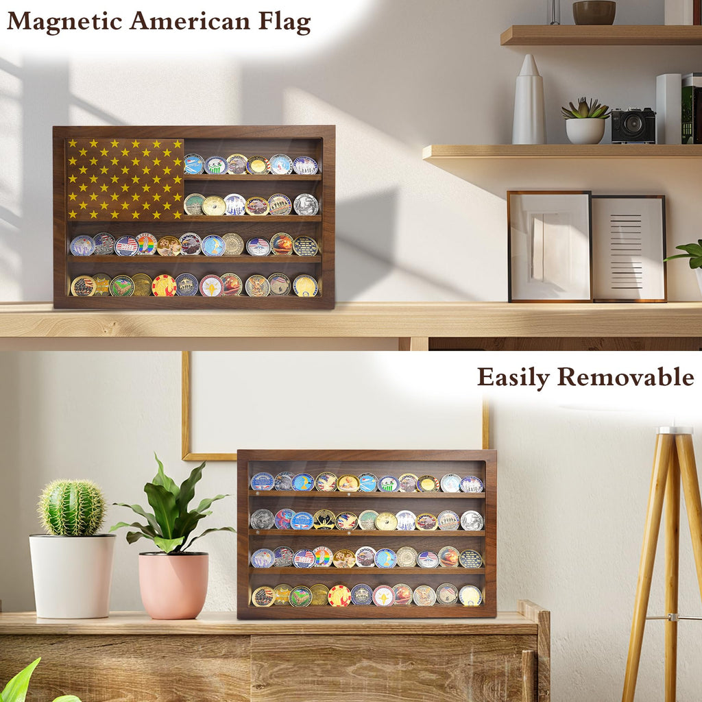 Anti-Fade Acrylic Door / Wooden Wall Mounted Coin Display Stand with Magnetic American Flag Holds 64-73 Coins mysite