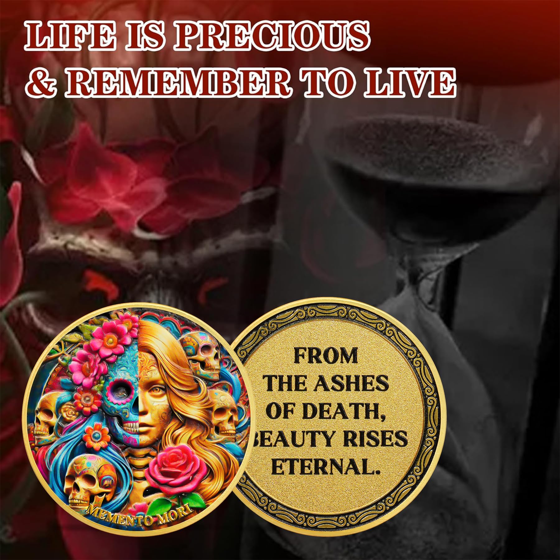 Colorful Stoic Flower Skul Memento Mori Coin mysite