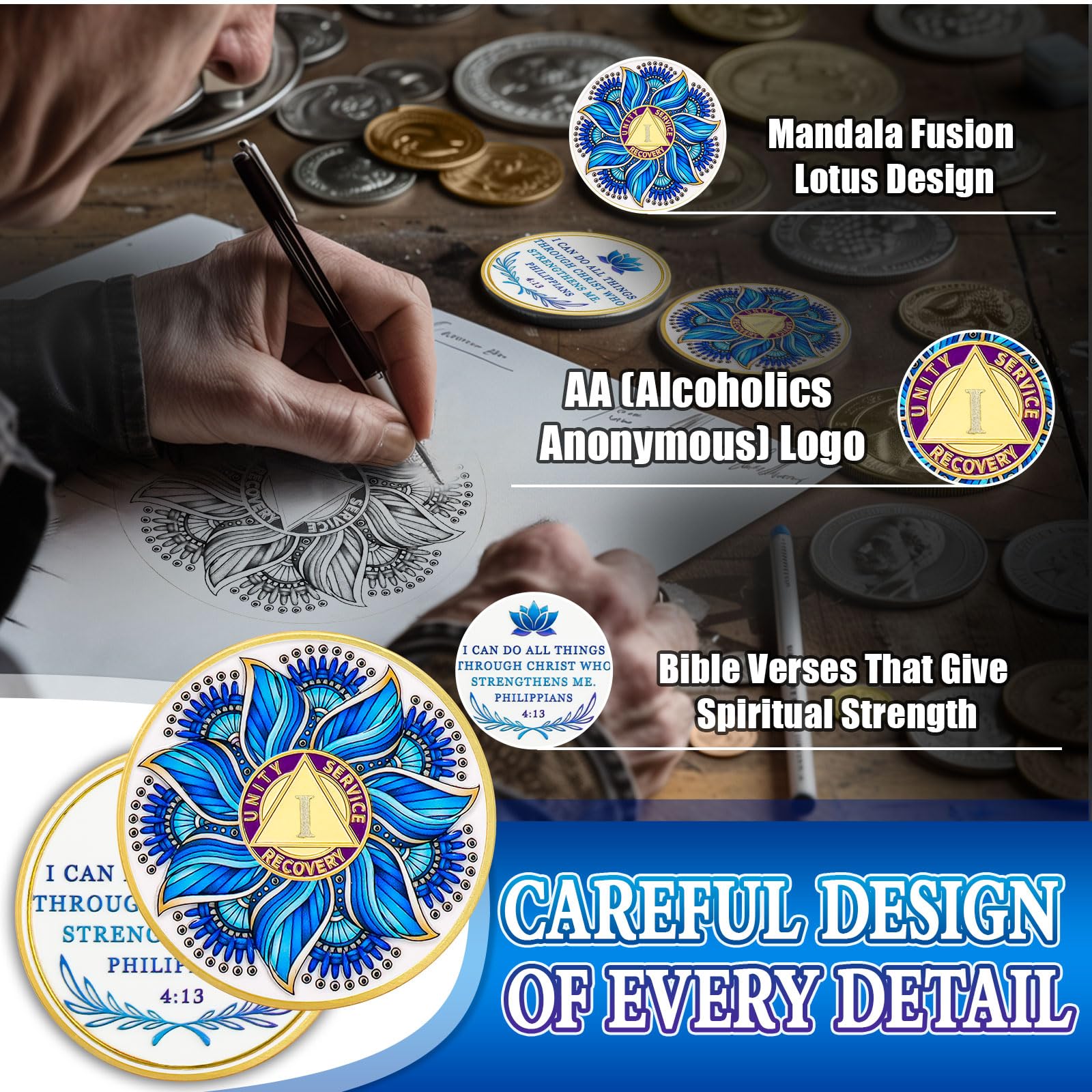 Personalized Recovery & Growth Blue Lotus Sobriety Coin mysite