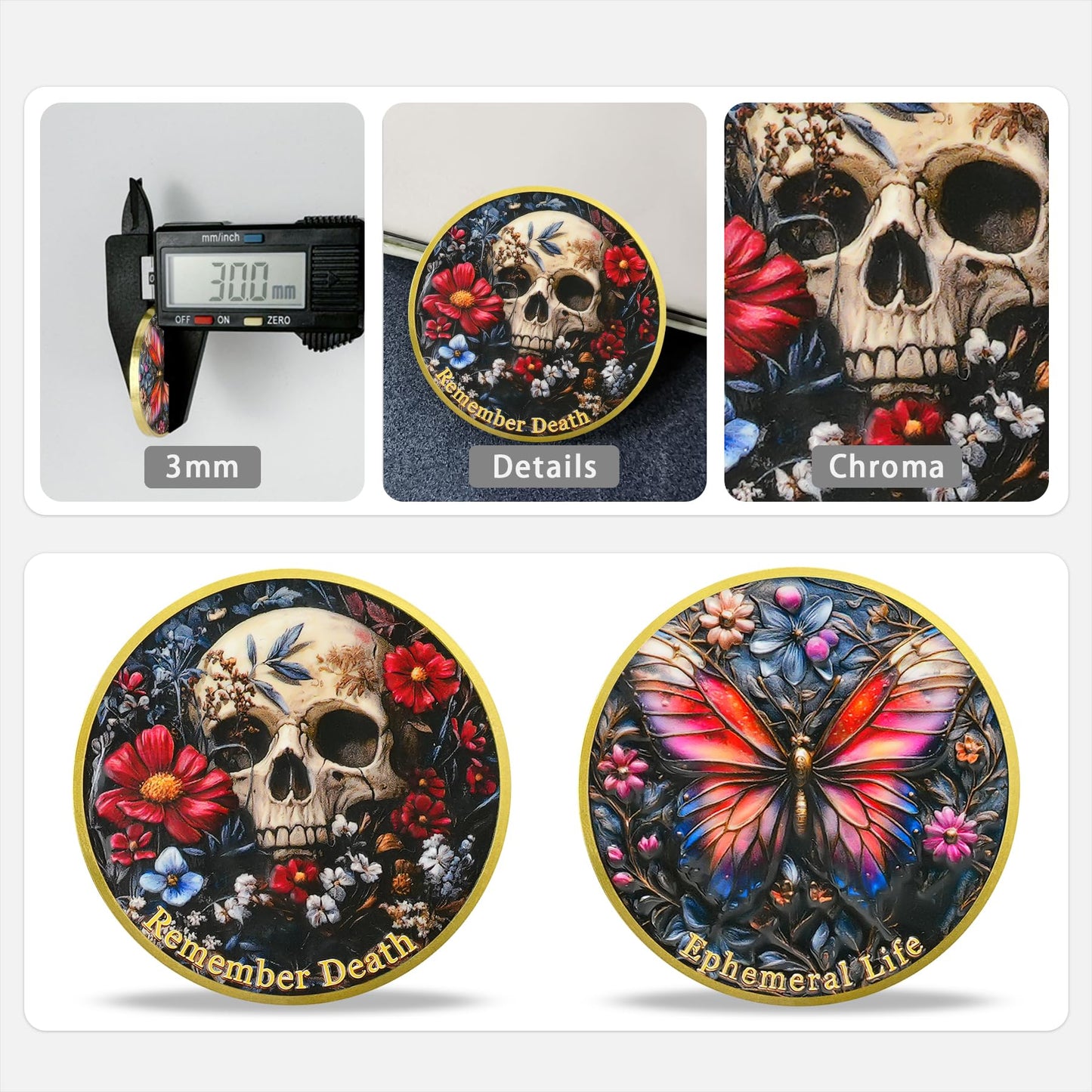Remember Death with Flowers and Butterfly Memento Mori Skull Coin mysite