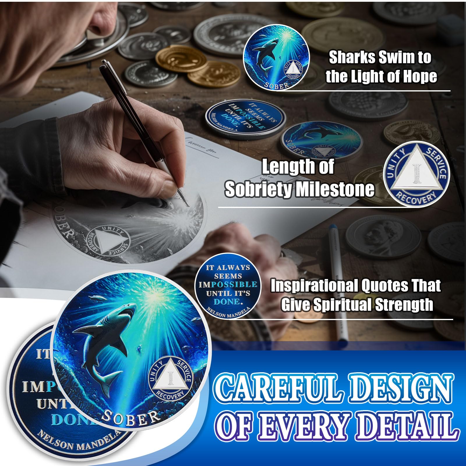 Personalized Mighty Shark  Swim to The Light  Sobriety Coin mysite