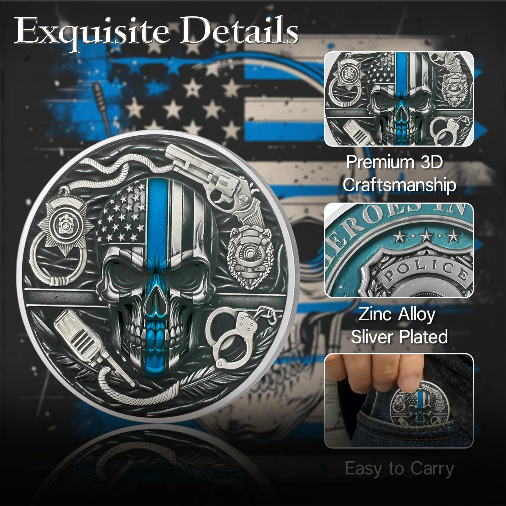 Thin Blue Line Skull Police Officers Prayer Coin mysite