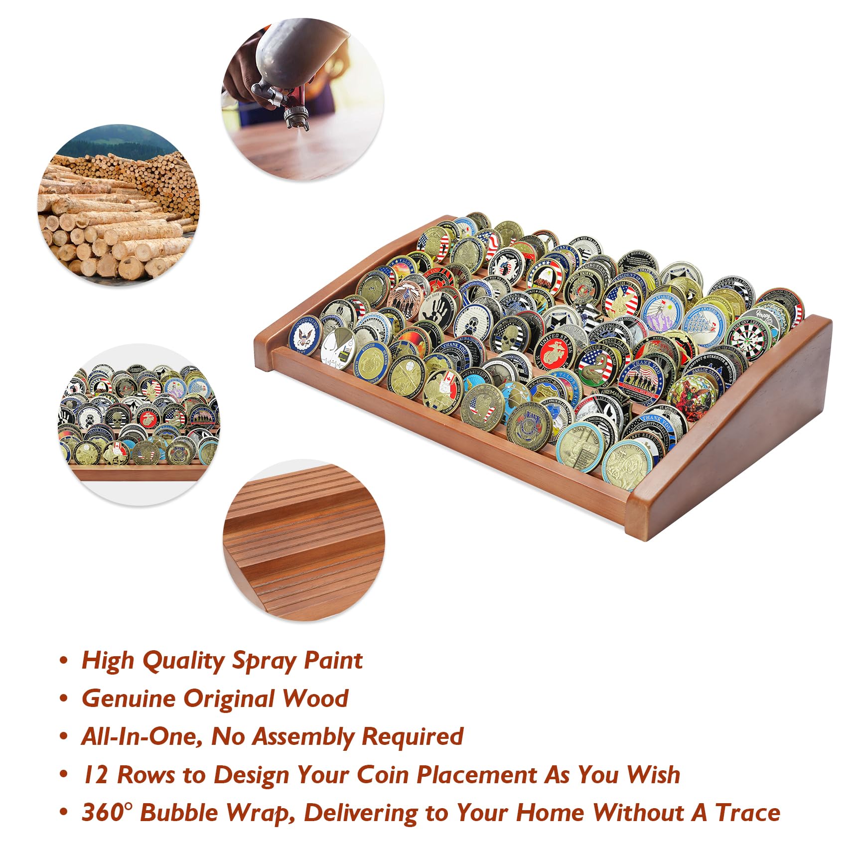 12 Rows Solid Wood  Coin Display Stand Holds 90-100 Coins mysite