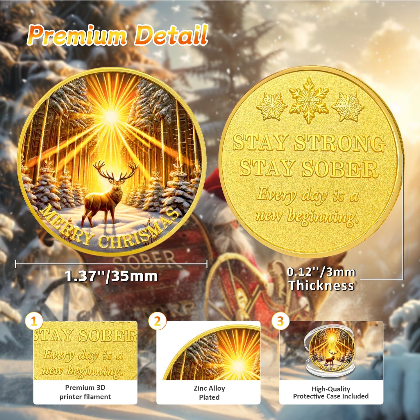 Merry Christmas Elk Gold Sunlight Snow Sobriety Coin mysite