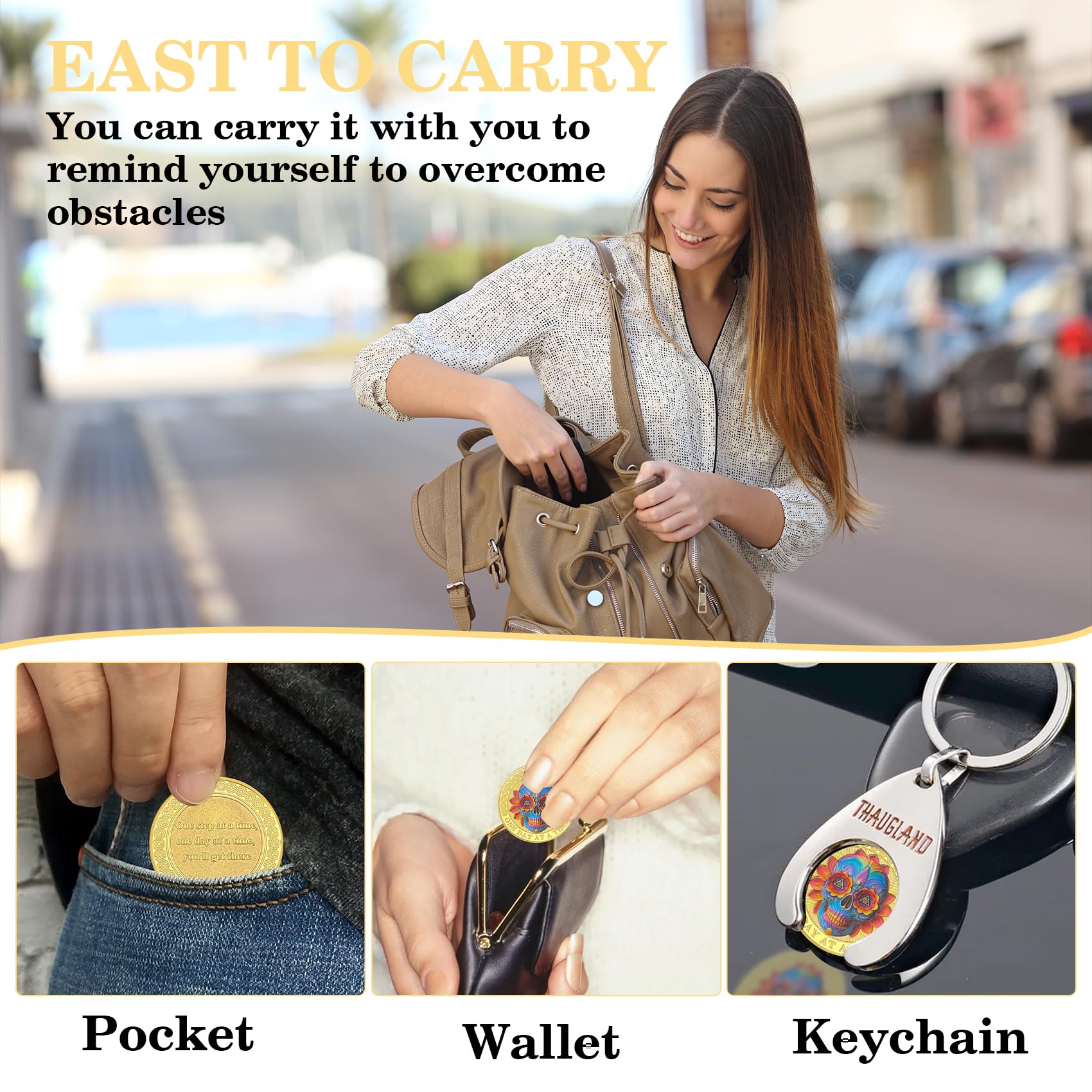 Colorful Skull Flower One Day at a Time Sobriety Coin mysite