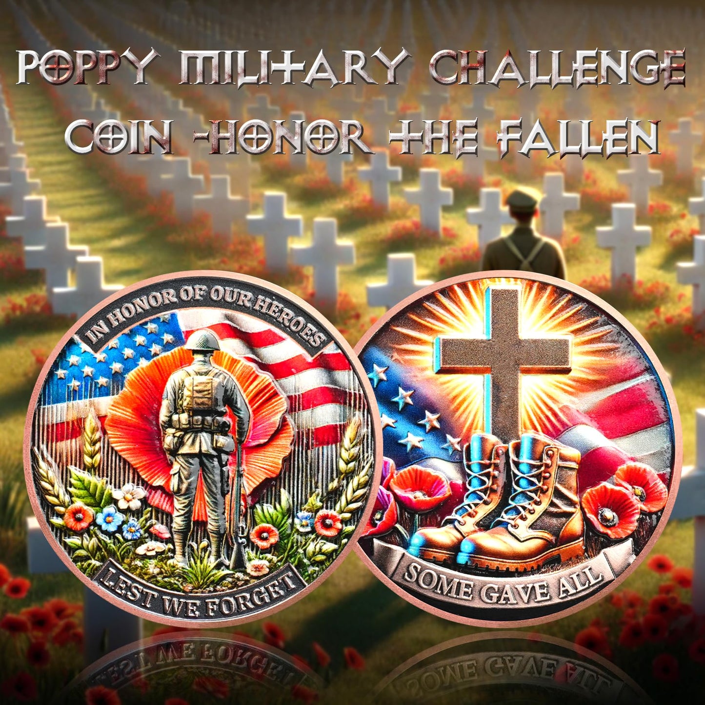 Memorial Coin Honoring Fallen Heroes with Poppy and Cross Veterans Challenge Coins mysite