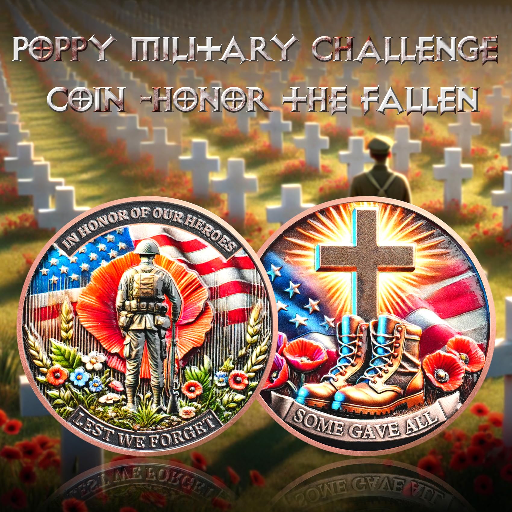 Memorial Coin Honoring Fallen Heroes with Poppy and Cross Veterans Challenge Coins mysite