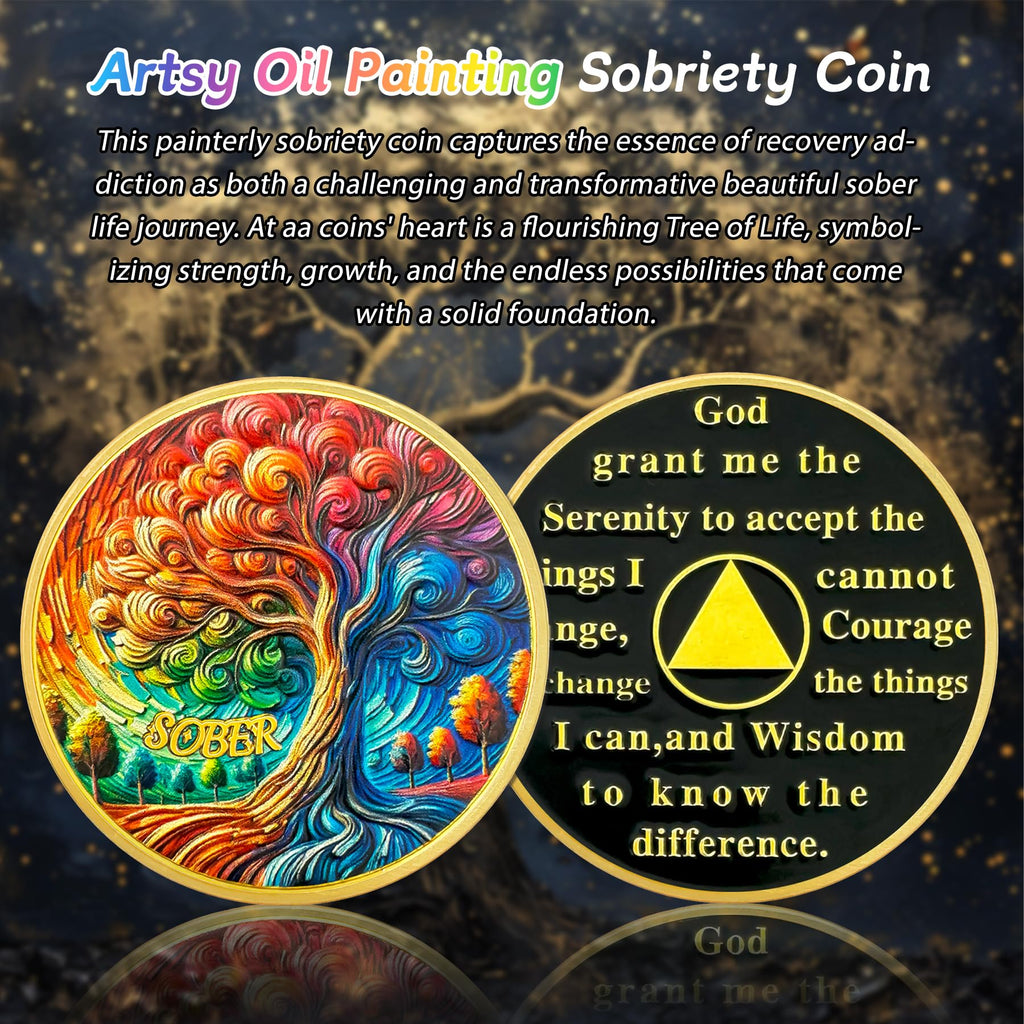 0-10 Year Artsy Oil Painting Recovery Addiction Tree of Life Sobriety Coin mysite