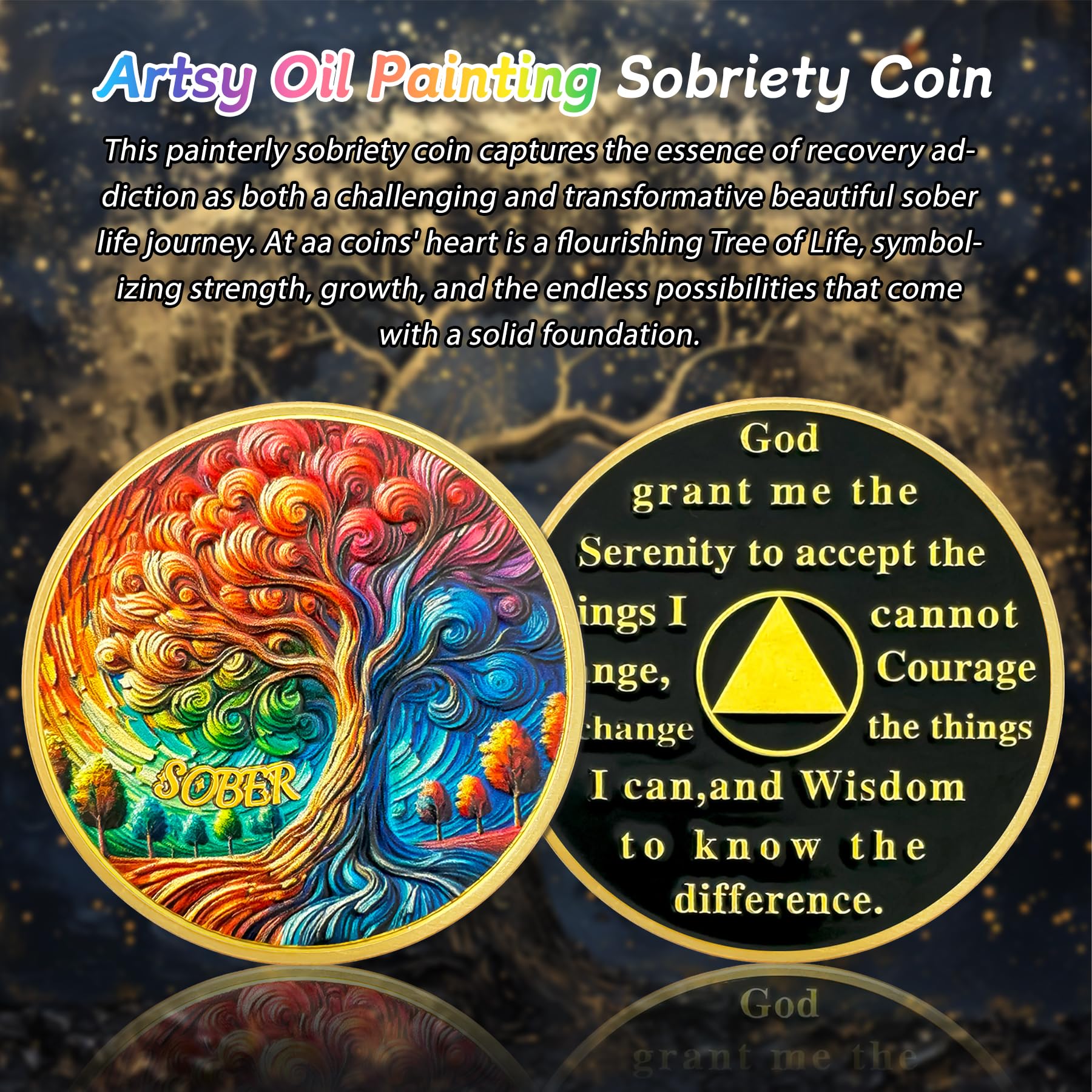 0-10 Year Artsy Oil Painting Recovery Addiction Tree of Life Sobriety Coin mysite