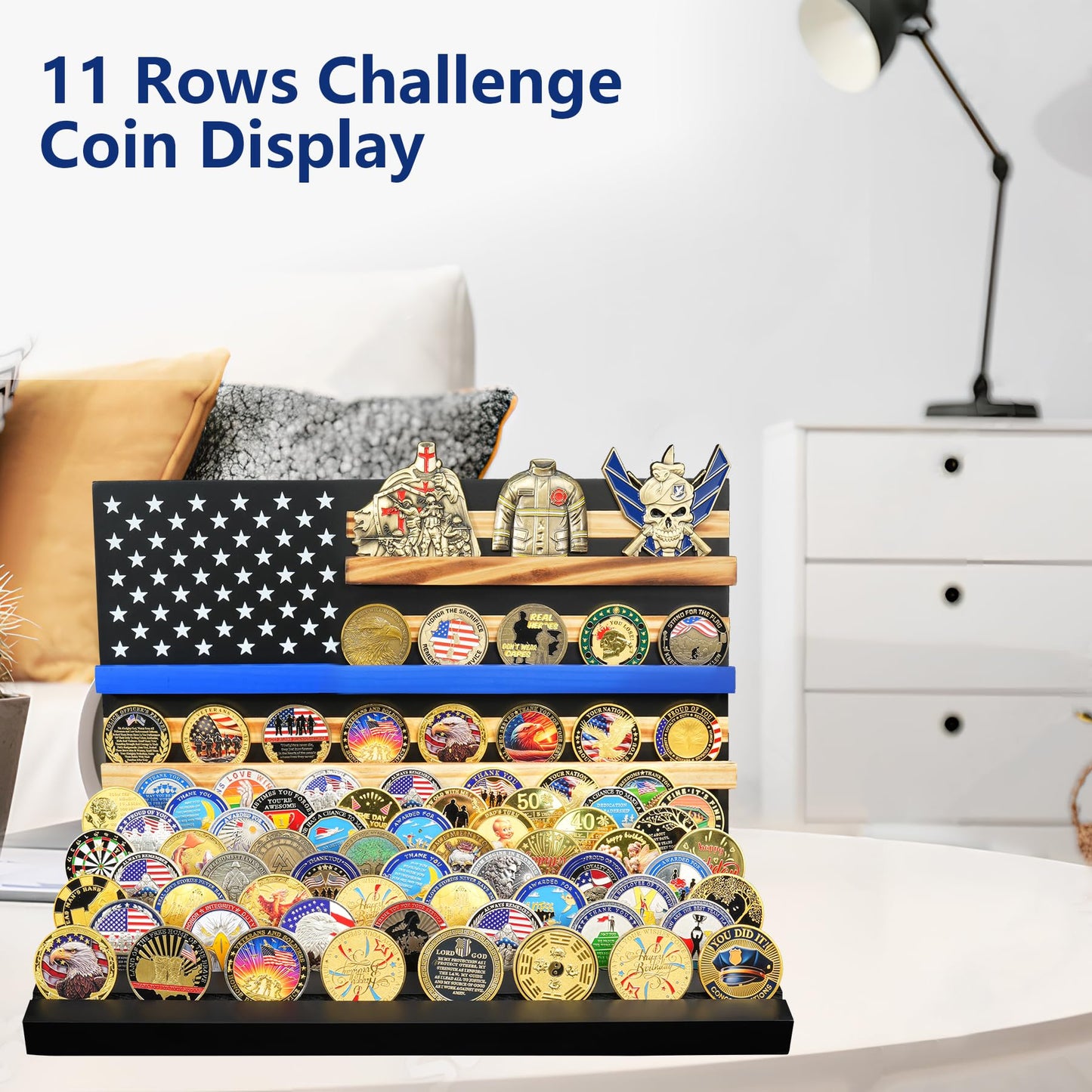 Wooden Removable 11 Rows Challenge Coin Display With American Flag mysite
