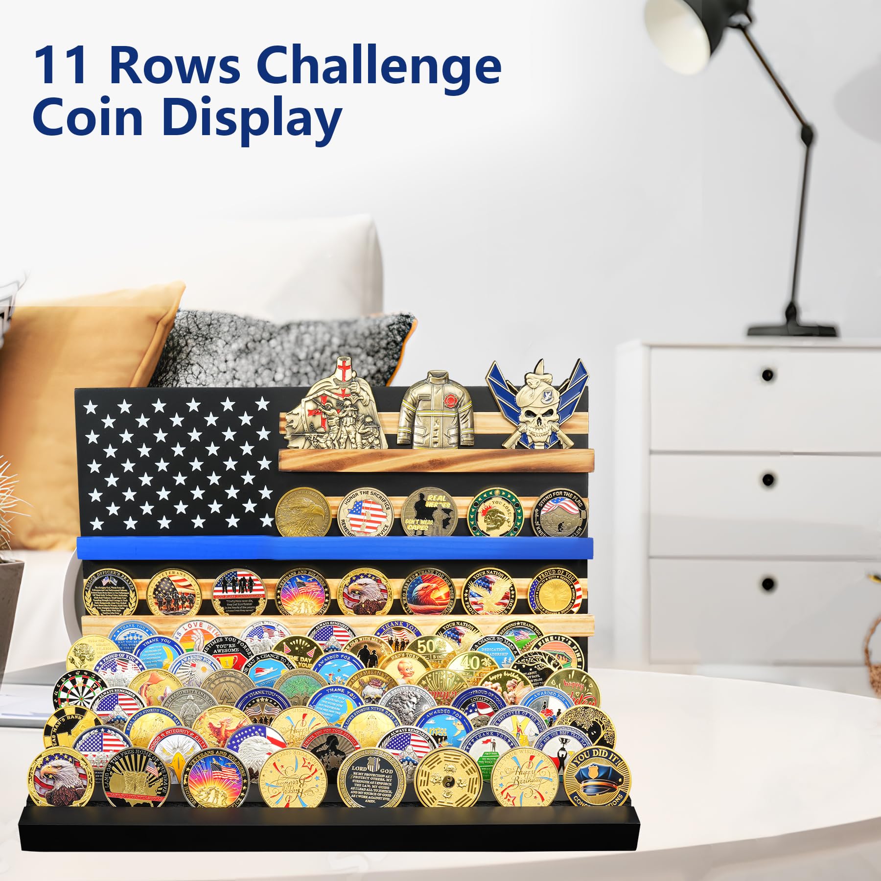 Wooden Removable 11 Rows Challenge Coin Display With American Flag mysite
