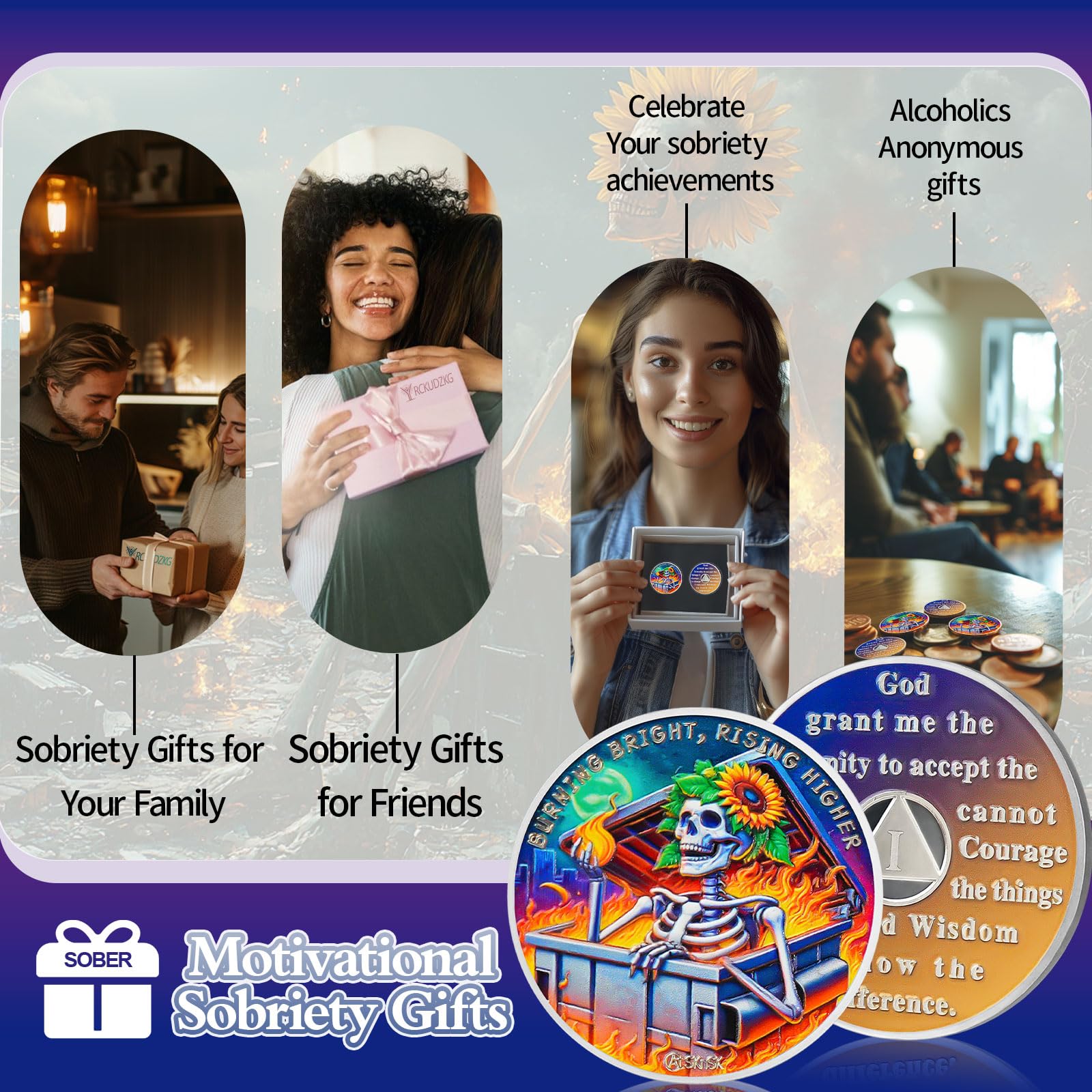 Personalized Reborn in Fire Sunflower Skeleton Sobriety Coin mysite