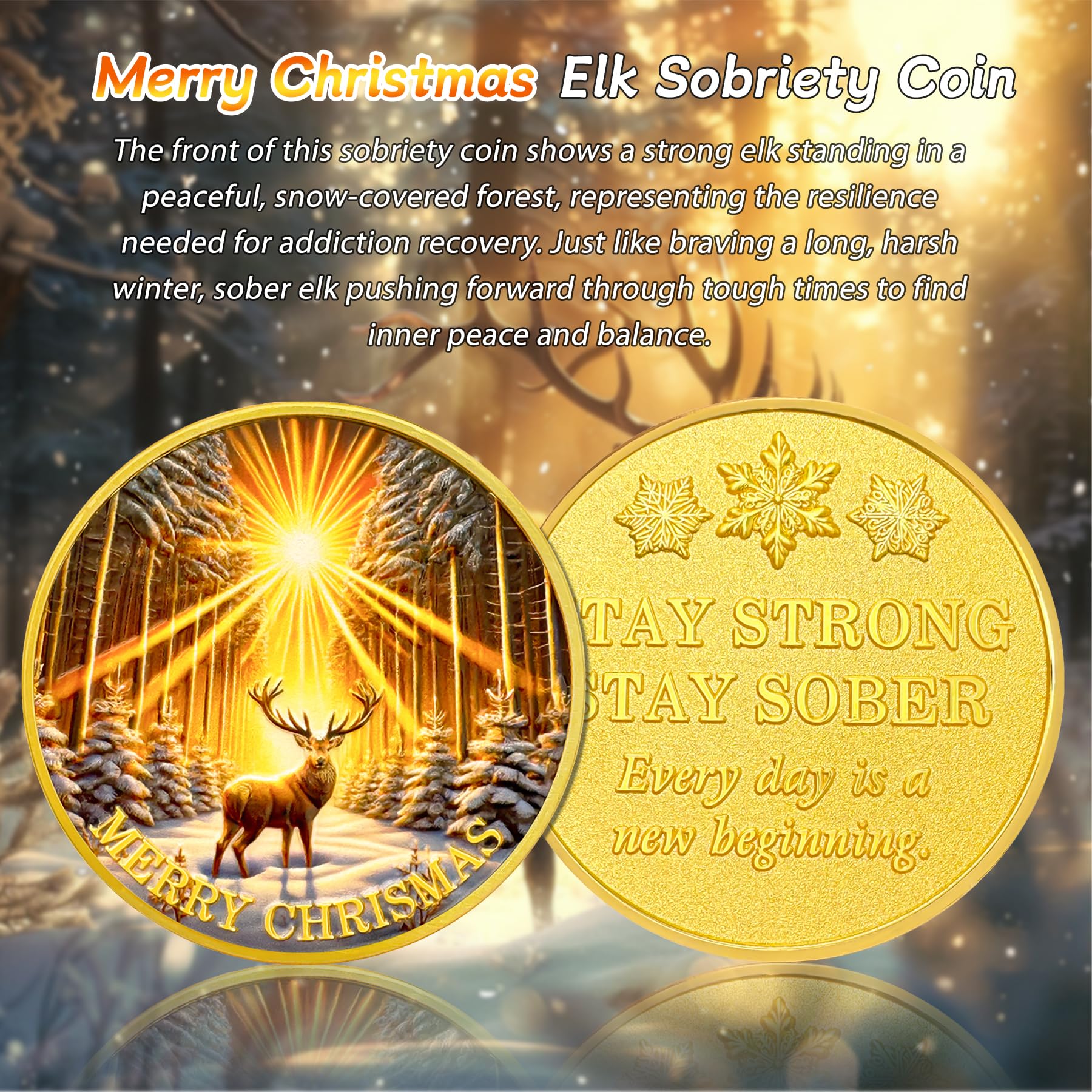 Merry Christmas Elk Gold Sunlight Snow Sobriety Coin mysite
