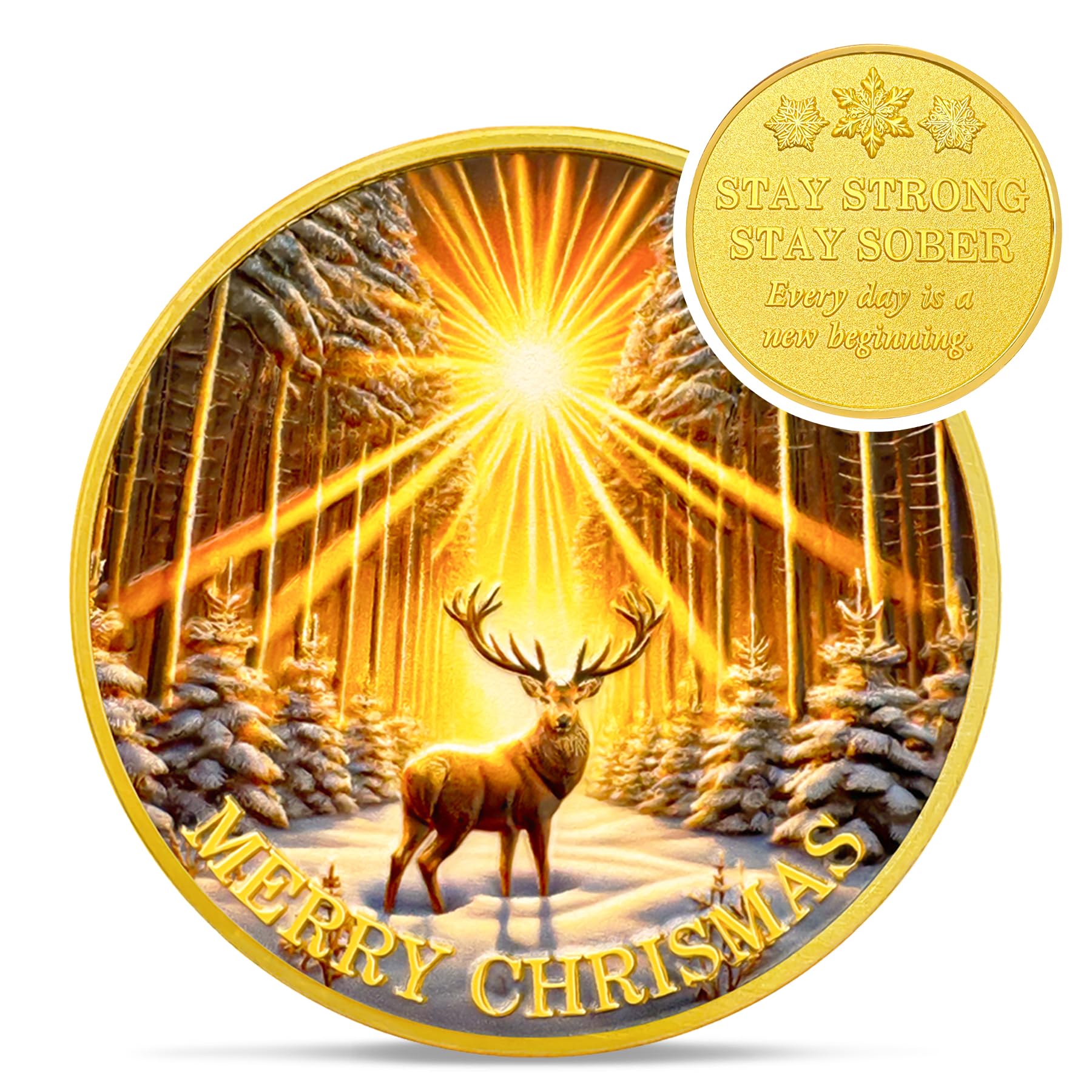 Merry Christmas Elk Gold Sunlight Snow Sobriety Coin mysite