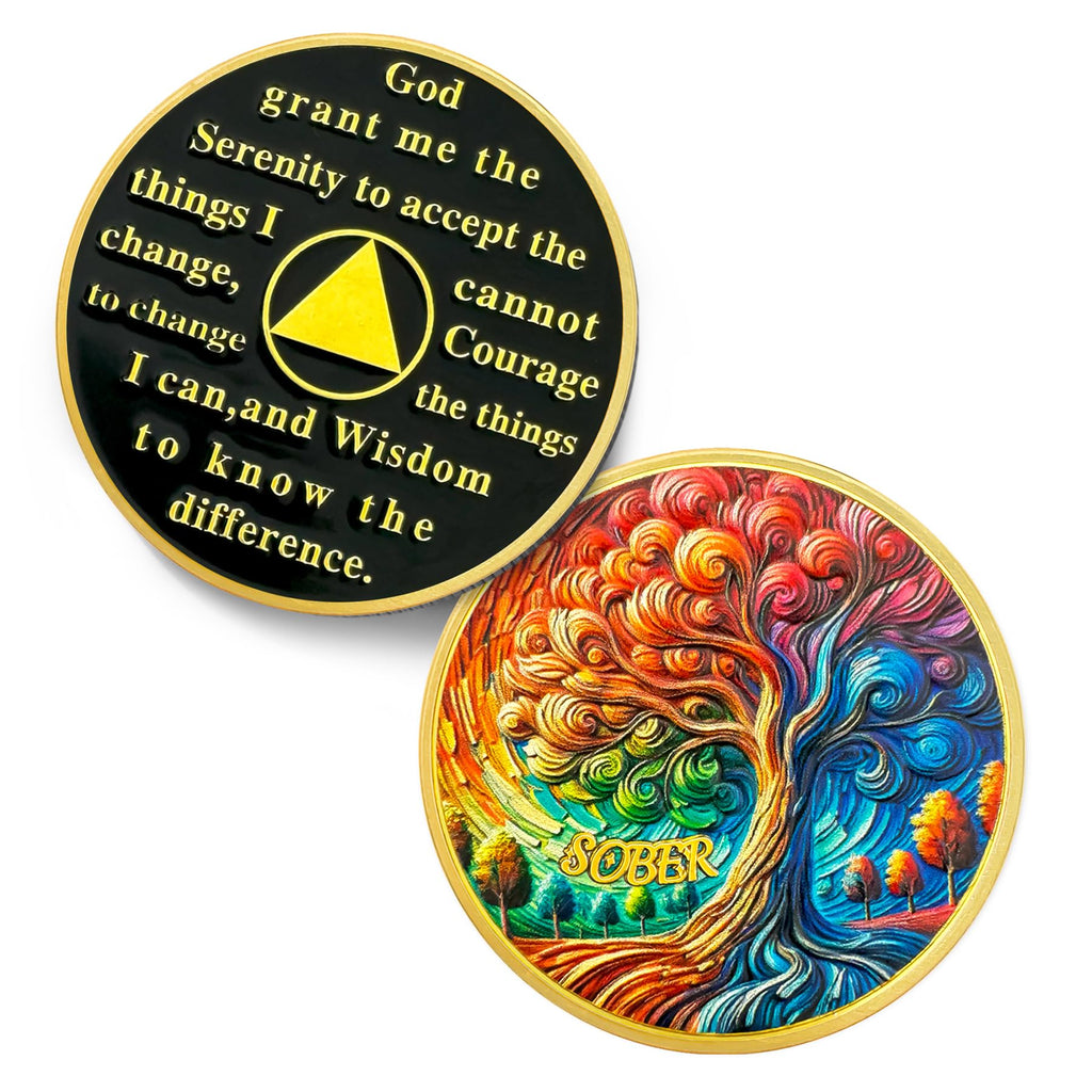 0-10 Year Artsy Oil Painting Recovery Addiction Tree of Life Sobriety Coin mysite