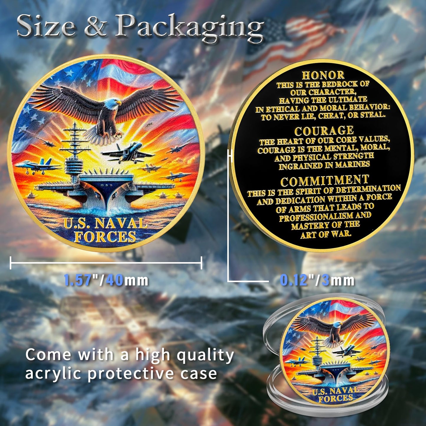 U.S. Naval Forces Veterans Navy Coin with Aircraft Carrier Eagle Military Core Values Tribute mysite