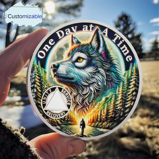 Personalized Recovery Triangle Forest Wolf One Day at a Time Sobriety Coin mysite