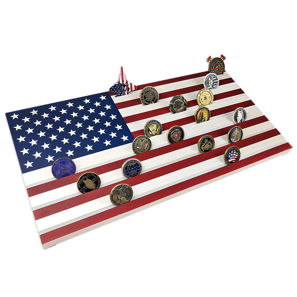 Military Challenge Coins Display Holder,Challenge Coins Stand with American Flag Holds 60 Coins , Army Collectors 7 Rows Military Coin Display Case Natural Solid Wood ,Blue Line decowoodo