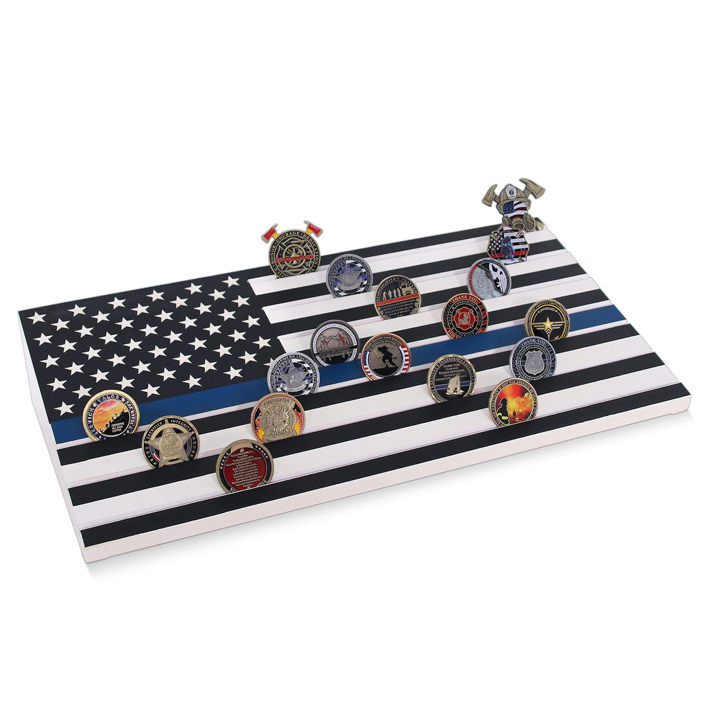 Military Challenge Coins Display Holder,Challenge Coins Stand with American Flag Holds 60 Coins , Army Collectors 7 Rows Military Coin Display Case Natural Solid Wood ,Blue Line decowoodo