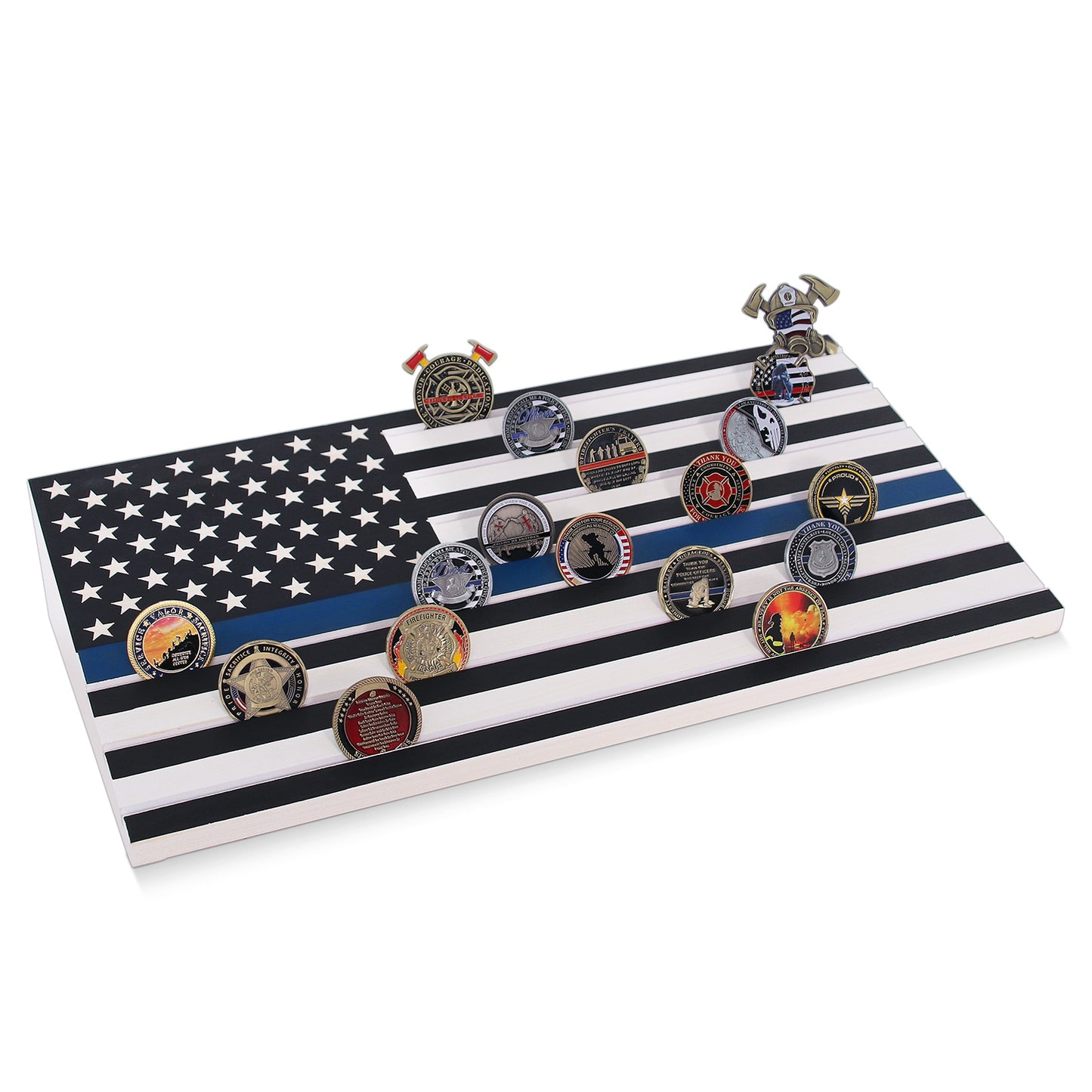 Military Challenge Coins Display Holder,Challenge Coins Stand with American Flag Holds 60 Coins , Army Collectors 7 Rows Military Coin Display Case Natural Solid Wood ,Blue Line decowoodo