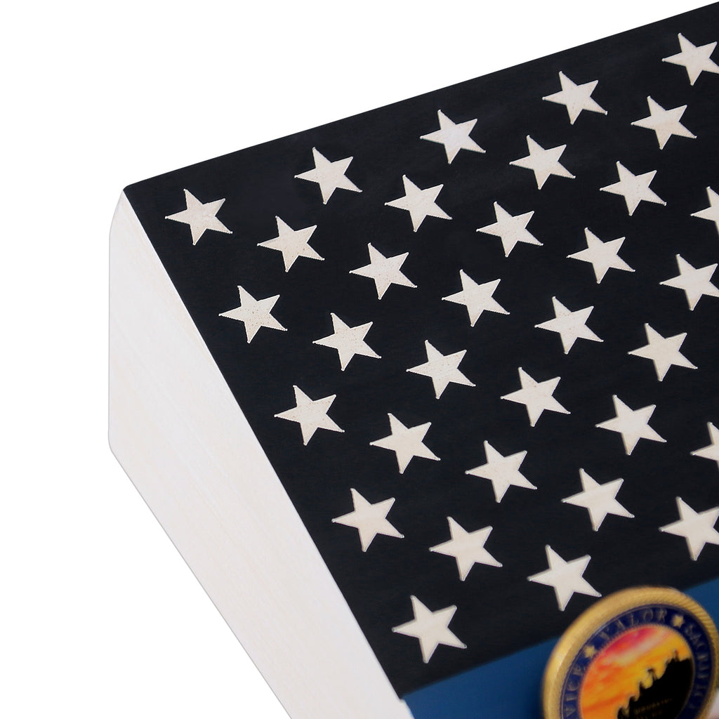 Military Challenge Coins Display Holder,Challenge Coins Stand with American Flag Holds 60 Coins , Army Collectors 7 Rows Military Coin Display Case Natural Solid Wood ,Blue Line decowoodo