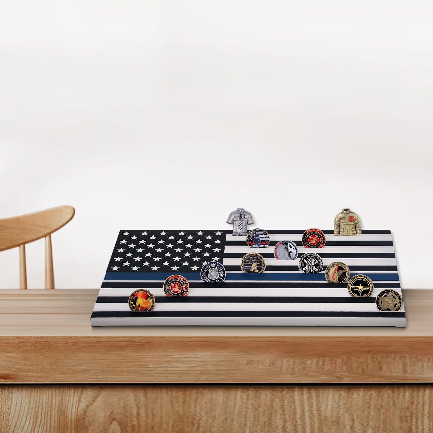 Military Challenge Coins Display Holder,Challenge Coins Stand with American Flag Holds 60 Coins , Army Collectors 7 Rows Military Coin Display Case Natural Solid Wood ,Blue Line decowoodo