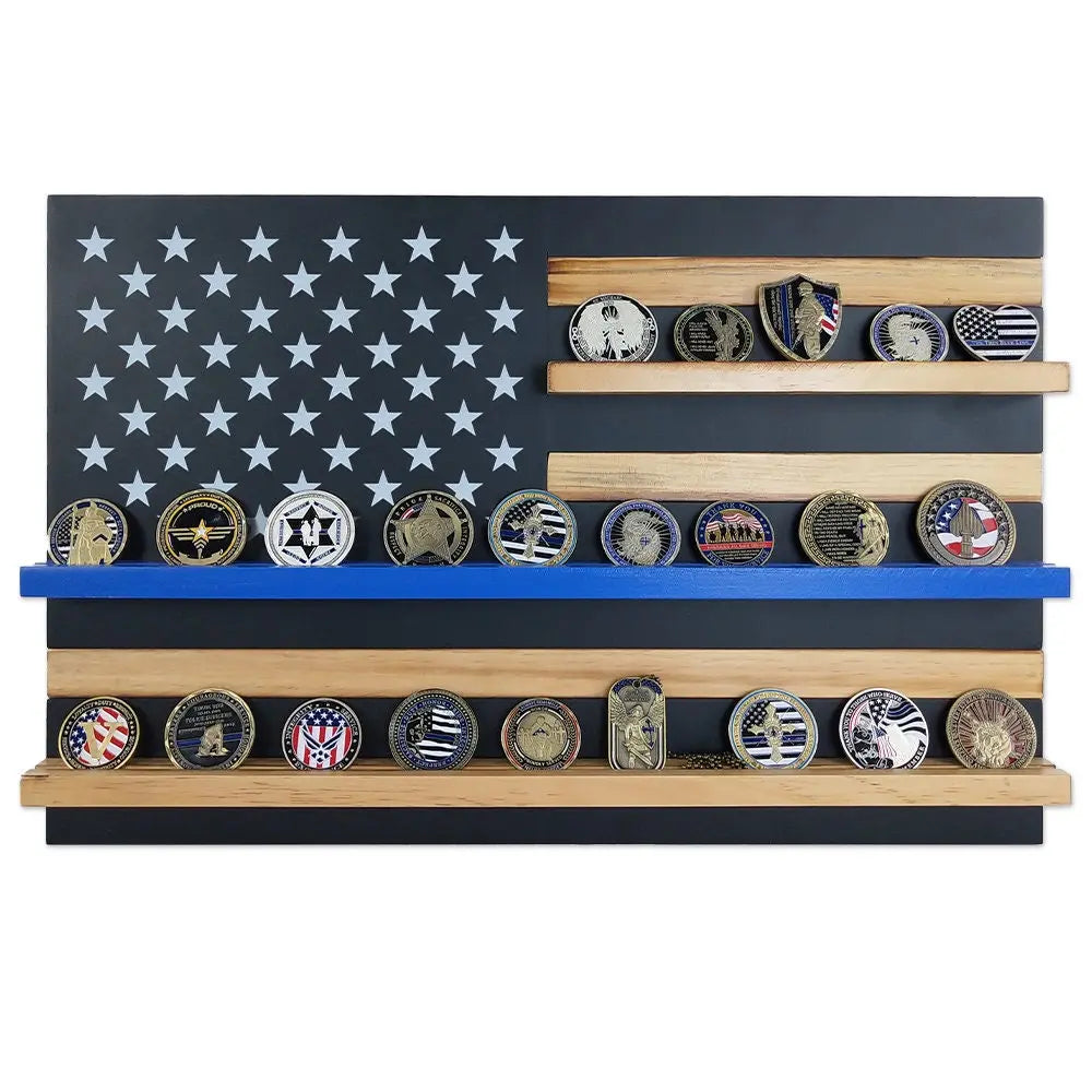 20" Thin Blue Line Flag Challenge Coin Display Wall Mounted Militaria Collectible Holder/gift for Him for father decowoodo