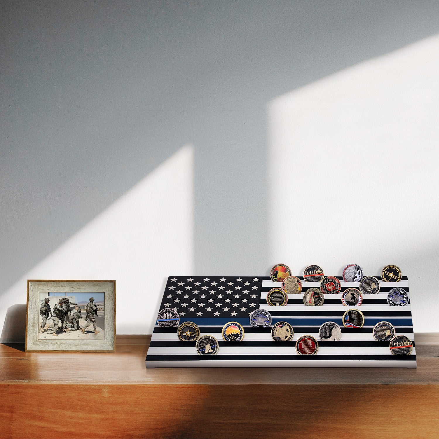 Military Challenge Coins Display Holder,Challenge Coins Stand with American Flag Holds 60 Coins , Army Collectors 7 Rows Military Coin Display Case Natural Solid Wood ,Blue Line decowoodo