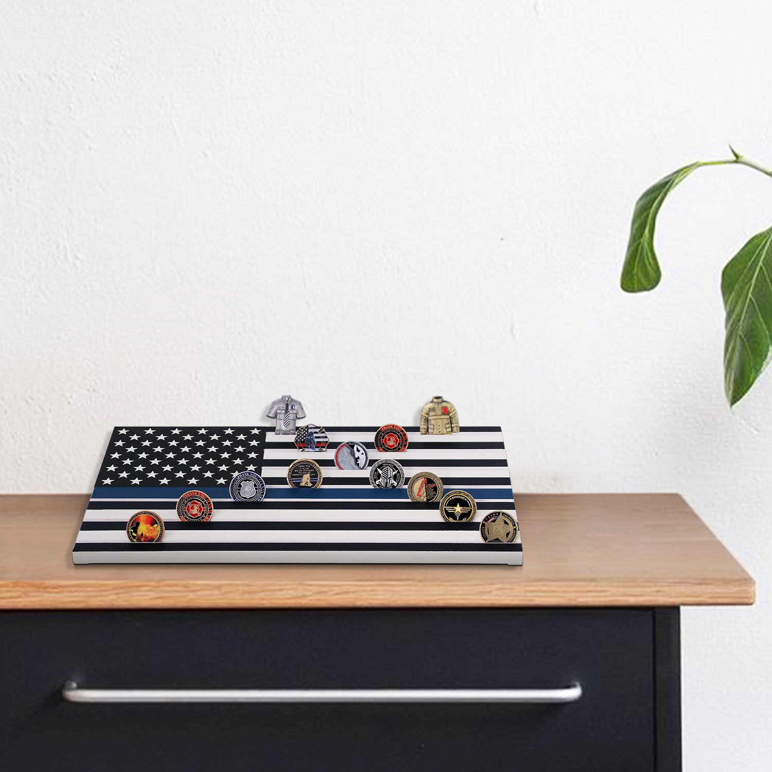 Military Challenge Coins Display Holder,Challenge Coins Stand with American Flag Holds 60 Coins , Army Collectors 7 Rows Military Coin Display Case Natural Solid Wood ,Blue Line decowoodo
