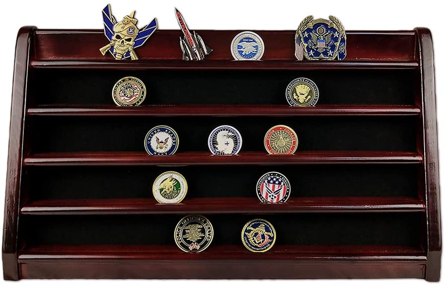 DecoWoodo Challenge Coin Display Stand 5 Rows Military Coin Holder Wall Mount Wooden Coin Rack Mahogany Finish DecoWoodo