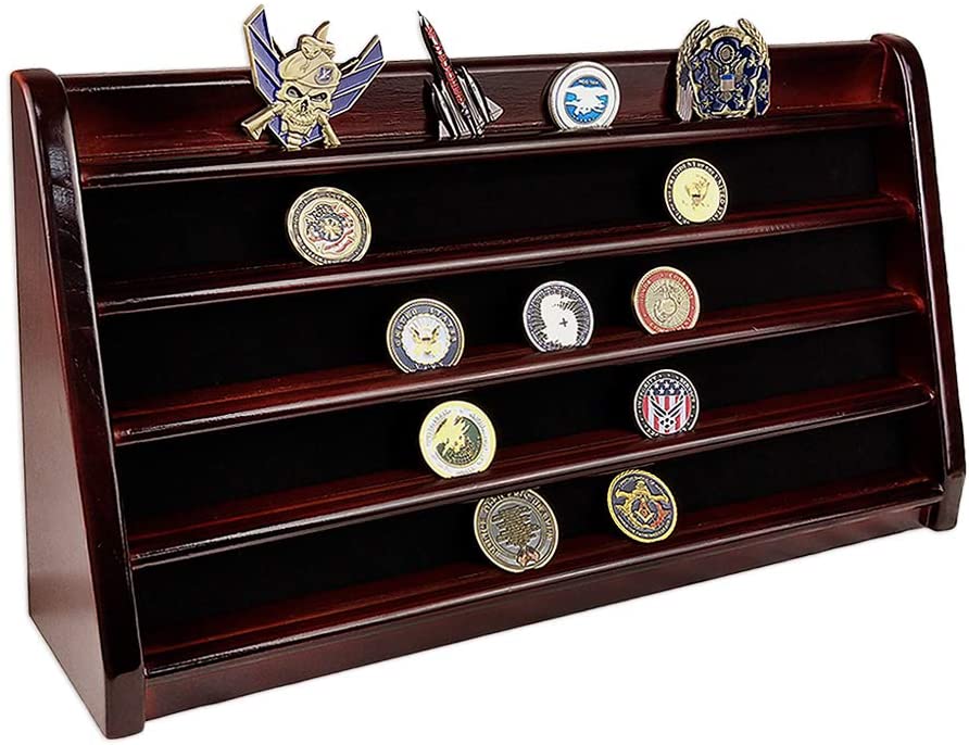 DecoWoodo Challenge Coin Display Stand 5 Rows Military Coin Holder Wall Mount Wooden Coin Rack Mahogany Finish DecoWoodo