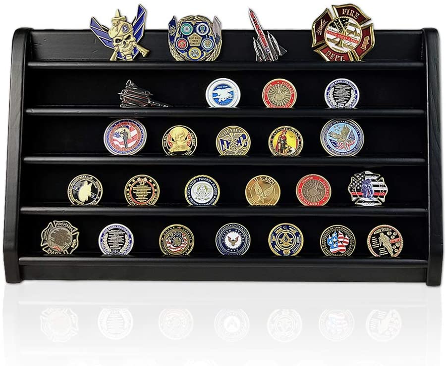 DecoWoodo Challenge Coin Display Stand Wooden Rack Military Coin Holder 5 Rows Black Finish DecoWoodo