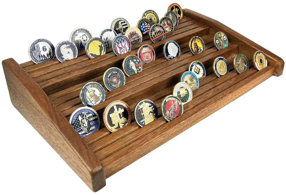 12 Rows Challenge Coins Display Stand Military Coin Holder Rack Walnut Wood Finish DecoWoodo