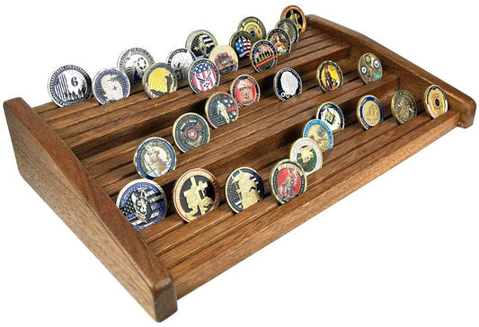 12 Rows Challenge Coins Display Stand Military Coin Holder Rack Walnut Wood Finish DecoWoodo