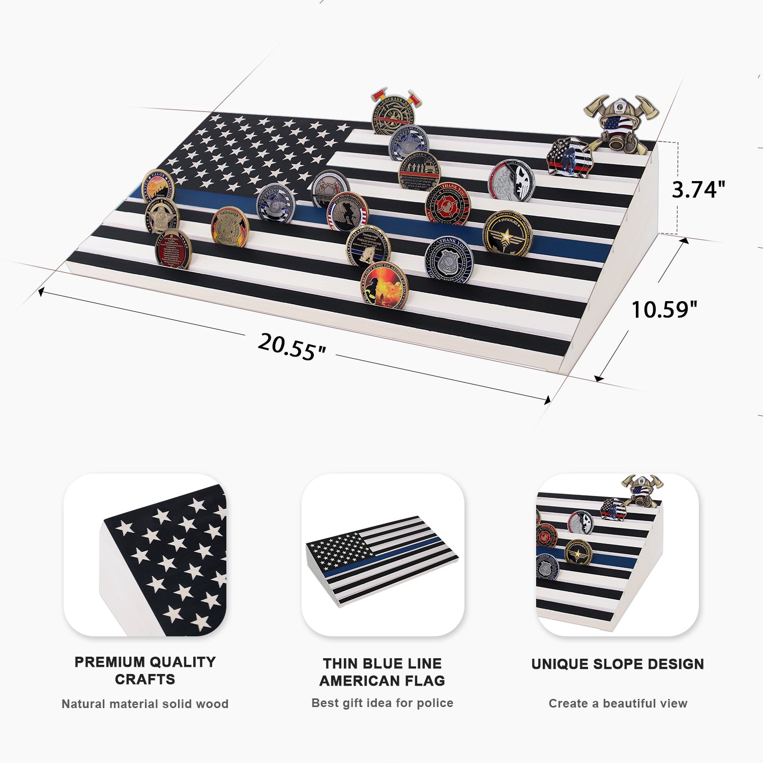 Military Challenge Coins Display Holder,Challenge Coins Stand with American Flag Holds 60 Coins , Army Collectors 7 Rows Military Coin Display Case Natural Solid Wood ,Blue Line decowoodo