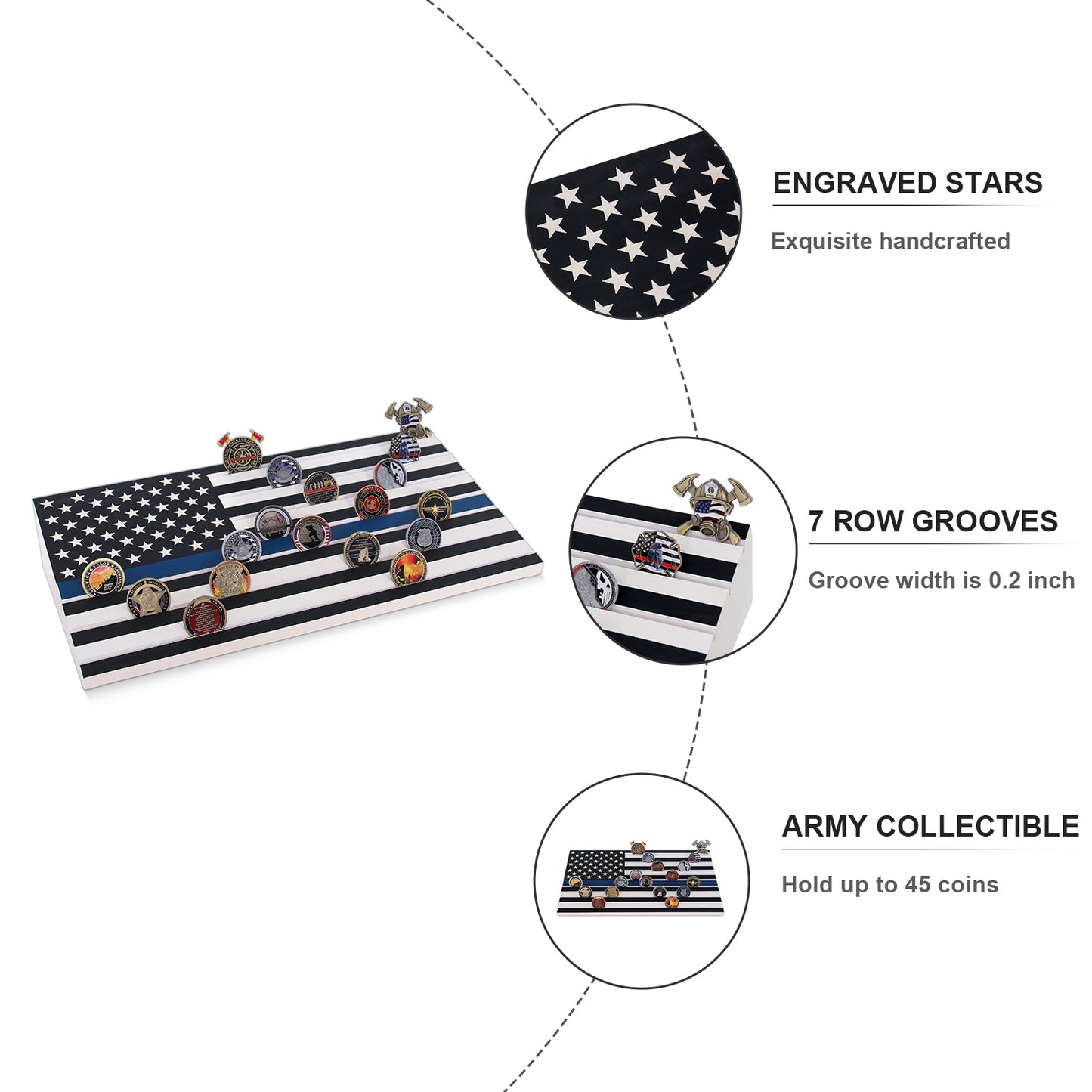 Military Challenge Coins Display Holder,Challenge Coins Stand with American Flag Holds 60 Coins , Army Collectors 7 Rows Military Coin Display Case Natural Solid Wood ,Blue Line decowoodo