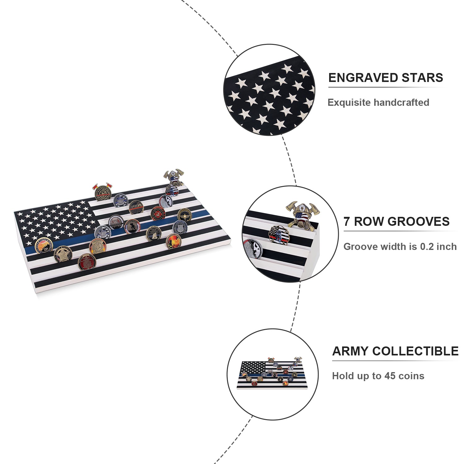 Military Challenge Coins Display Holder,Challenge Coins Stand with American Flag Holds 60 Coins , Army Collectors 7 Rows Military Coin Display Case Natural Solid Wood ,Blue Line decowoodo