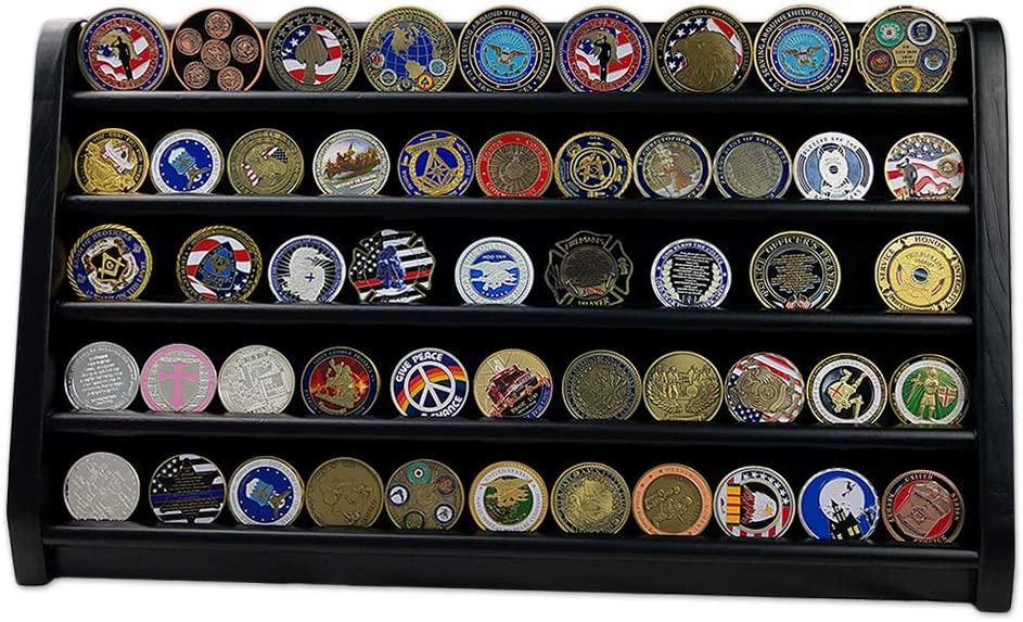 DecoWoodo Challenge Coin Display Stand Wooden Rack Military Coin Holder 5 Rows Black Finish DecoWoodo
