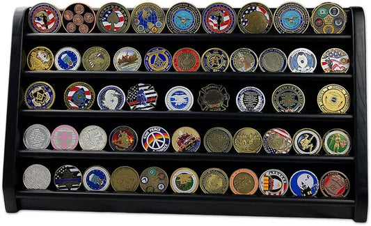 DecoWoodo Challenge Coin Display Stand Wooden Rack Military Coin Holder 5 Rows Black Finish DecoWoodo