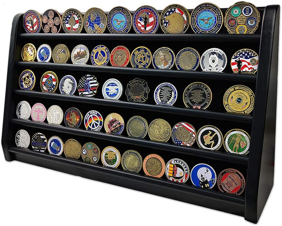 DecoWoodo Challenge Coin Display Stand Wooden Rack Military Coin Holder 5 Rows Black Finish DecoWoodo